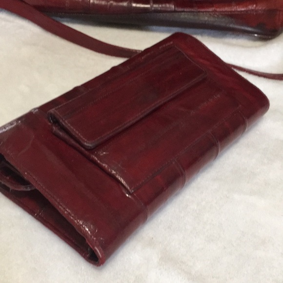 Burgundy eel skin satchel handbag short handle shoulder strap & matching wallet - Picture 6 of 14